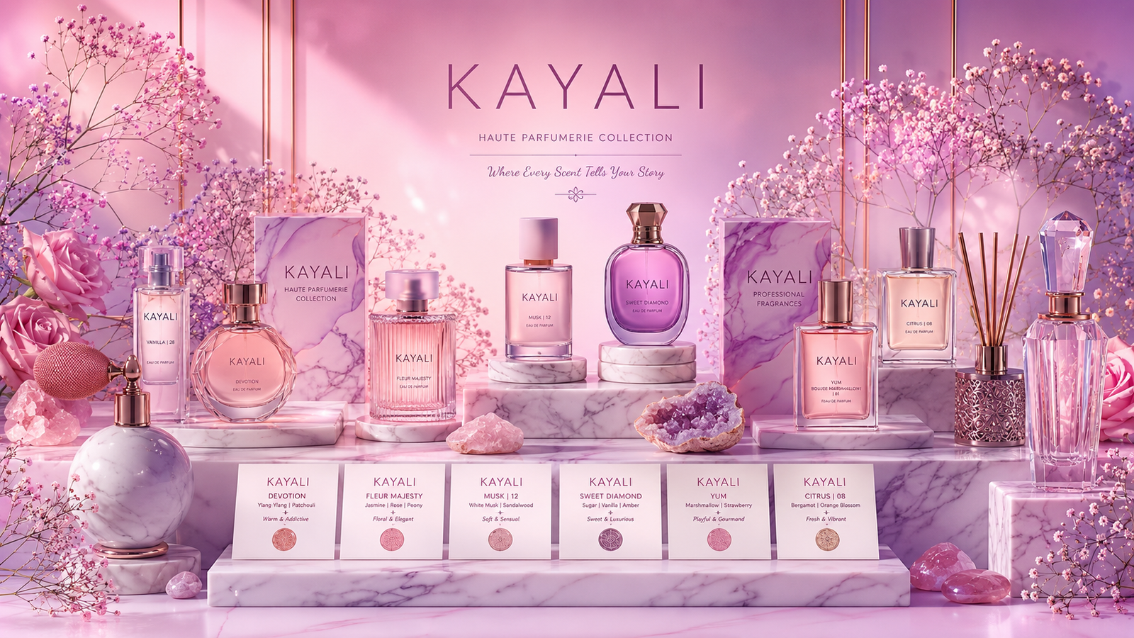 High-end perfume collection in a luxurious pink and lavender setting